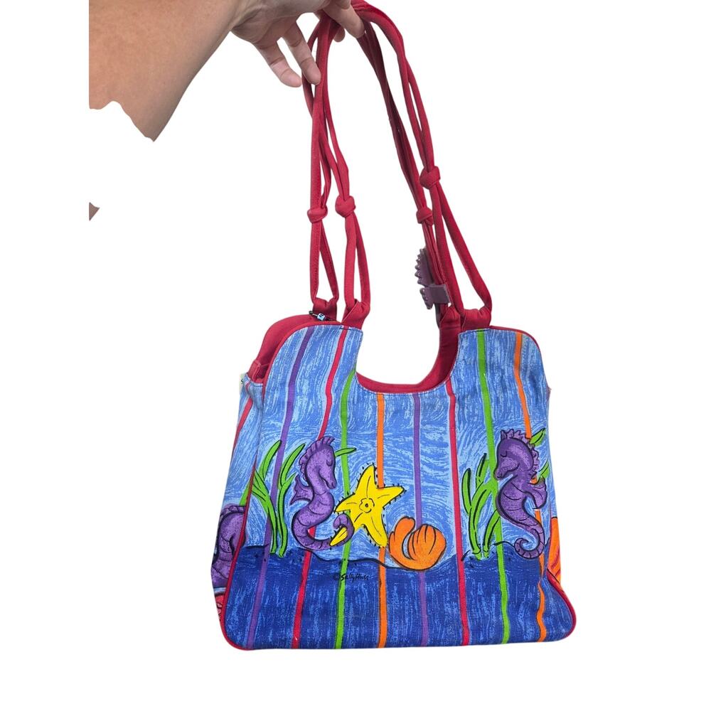 Vintage Sally Huss Sea Life Colorful Tote Bag with Wooden Sea Horse Charm Artsy - Picture 2 of 11
